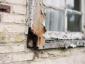 Verrottend houten kozijn met afbladderende verf en houtrot in traditionele Nederlandse bakstenen gevel.