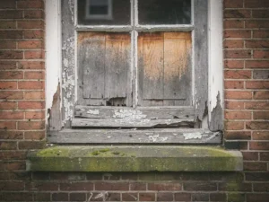 Verweerd houten kozijn met afbladderende verf en houtrot in bakstenen gevel van Nederlandse woning, met bemost vensterbank.