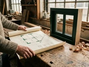 Timmerman rolt architectuurtekeningen uit op eiken werkbank, naast een afgewerkt houten kozijn en krullen in warm werkplaatslicht.