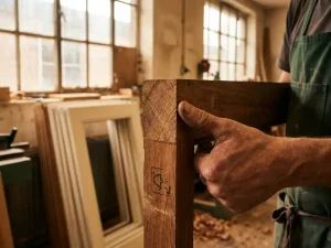 Vakman die duimdruk test op vers gezaagd meranti hardhouten kozijn met FSC-keurmerk, warm atelierslicht.