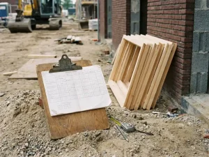 Verouderd houten klembord met bouwplanning op Nederlandse bouwplaats, houten kozijnen tegen halfgebouwde bakstenen muur.