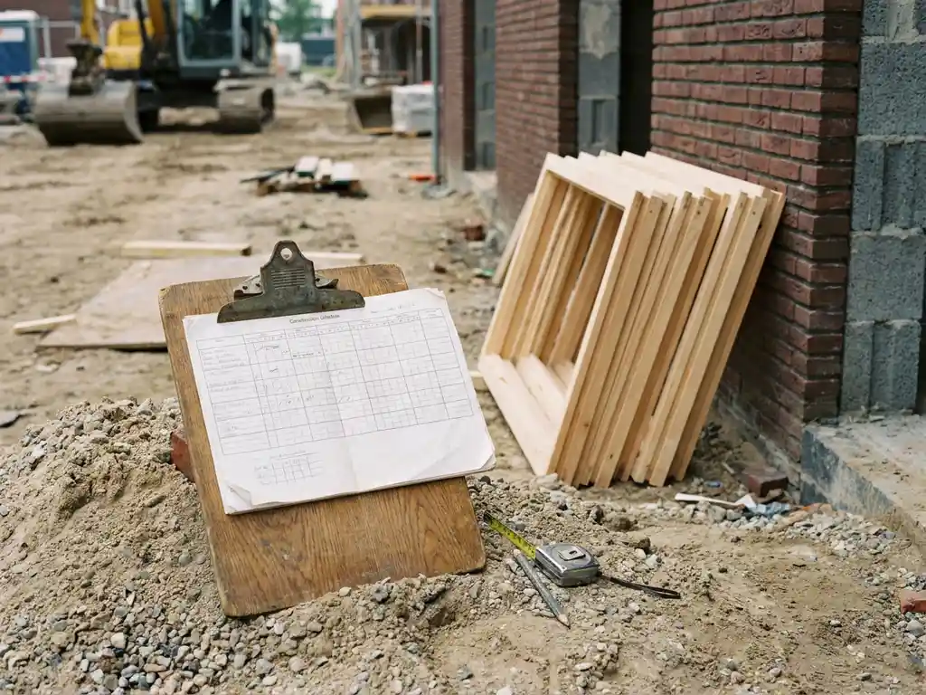 Verouderd houten klembord met bouwplanning op Nederlandse bouwplaats, houten kozijnen tegen halfgebouwde bakstenen muur.