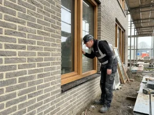 Aannemer inspecteert FSC-gecertificeerd houten kozijn in Dutch bakstenen gevel op actieve bouwplaats, warm eikenhout zichtbaar.