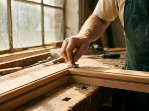 Verweerde hand die FSC-keurmerk stempelt op vers geschaafd eikenhouten raamkozijn, fijn houtmeel op versleten werkbank in warm daglicht.