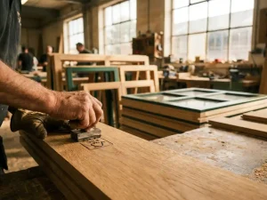 Verweerde hand die FSC-keurmerk stempelt op eiken hout in Nederlandse timmerwerkplaats, afgewerkte kozijnen op achtergrond.