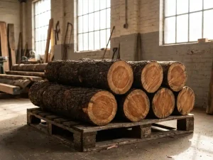 FSC-gecertificeerde eiken en mahonie boomstammen met zichtbare jaarringen op een verweerd pallet in een Nederlandse houtfabriek.
