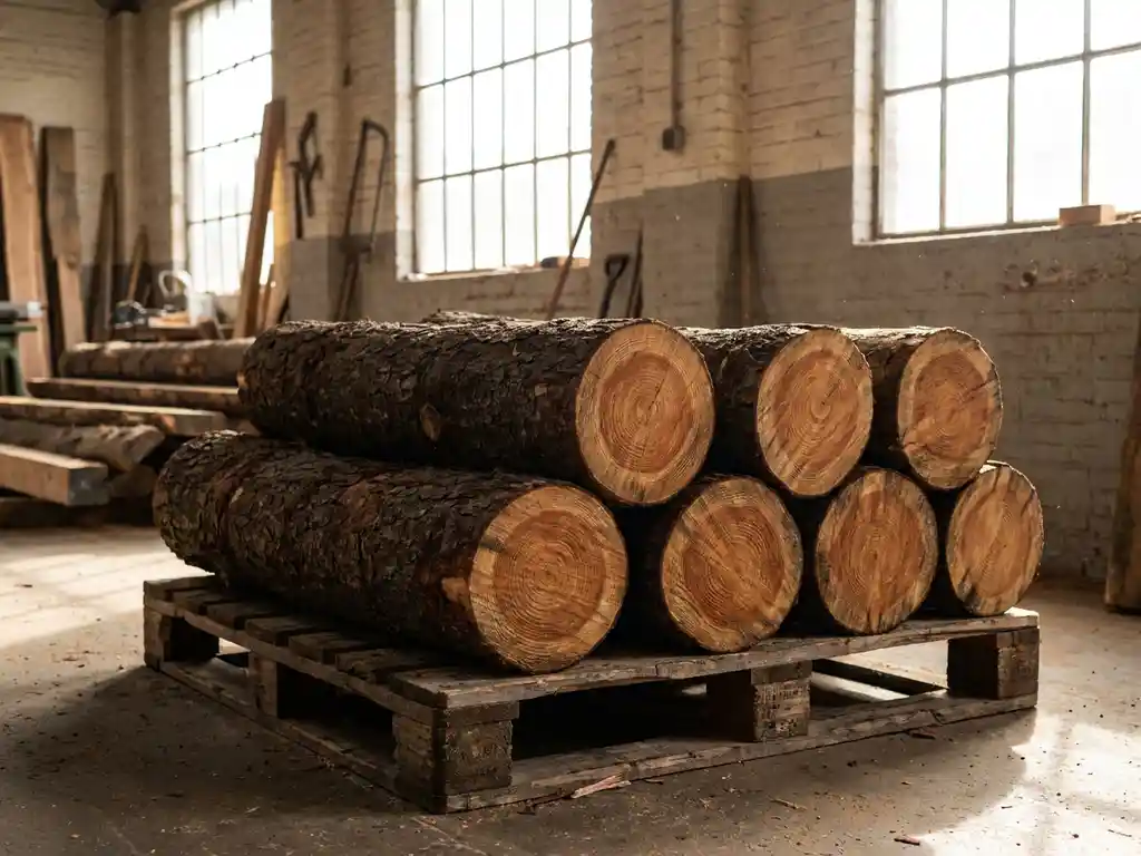 FSC-gecertificeerde eiken en mahonie boomstammen met zichtbare jaarringen op een verweerd pallet in een Nederlandse houtfabriek.