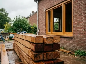 FSC-gecertificeerd hout gestapeld op Nederlandse bouwplaats, eiken en meranti doorsneden zichtbaar, houten kozijn gemonteerd in bakstenen gevel.