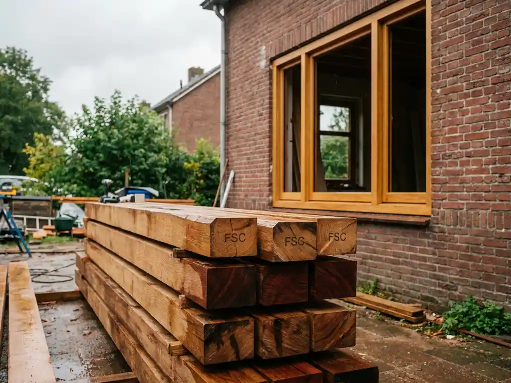 FSC-gecertificeerd hout gestapeld op Nederlandse bouwplaats, eiken en meranti doorsneden zichtbaar, houten kozijn gemonteerd in bakstenen gevel.
