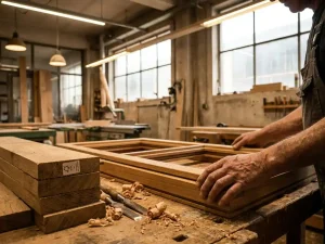 FSC-gecertificeerde houten planken naast een half-gemonteerd raamkozijn, terwijl een vakman het kozijn bewerkt in warm werkplaatslicht.
