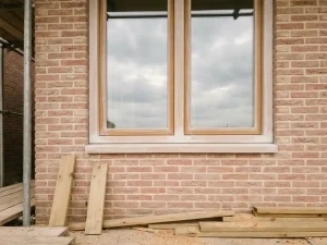 Nieuw geplaatst houten kozijn met HR++-glas in Nederlandse bakstenen gevel, FSC-gecertificeerde houtsnippers op de grond, steigers zichtbaar.
