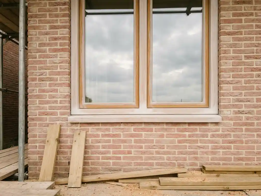 Nieuw geplaatst houten kozijn met HR++-glas in Nederlandse bakstenen gevel, FSC-gecertificeerde houtsnippers op de grond, steigers zichtbaar.