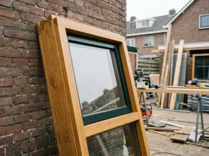 FSC-gecertificeerd eikenhouten kozijn met HR++ beglazing tegen Nederlandse bakstenen muur op bouwplaats.
