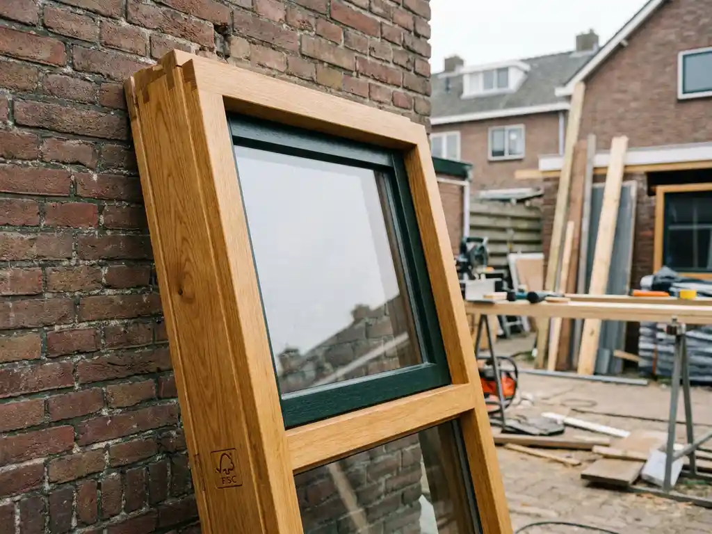 FSC-gecertificeerd eikenhouten kozijn met HR++ beglazing tegen Nederlandse bakstenen muur op bouwplaats.