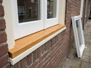 Houten raamkozijn met zichtbare eikenhoutnerf en witte afwerking, gemonteerd in een Nederlandse bakstenen gevel bij bewolkt daglicht.
