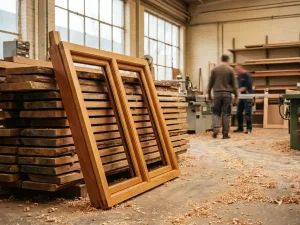Houten kozijn tegen stapel FSC-gecertificeerde planken in Nederlandse timmerfabriek, eiken en meranti tinten in natuurlijk daglicht.