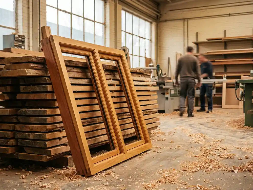 Houten kozijn tegen stapel FSC-gecertificeerde planken in Nederlandse timmerfabriek, eiken en meranti tinten in natuurlijk daglicht.