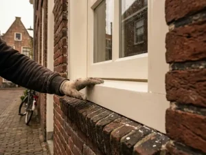 Pas geschilderd houten kozijn met crèmewitte afwerking in Nederlandse bakstenen gevel, timmermanhand op de dorpel.