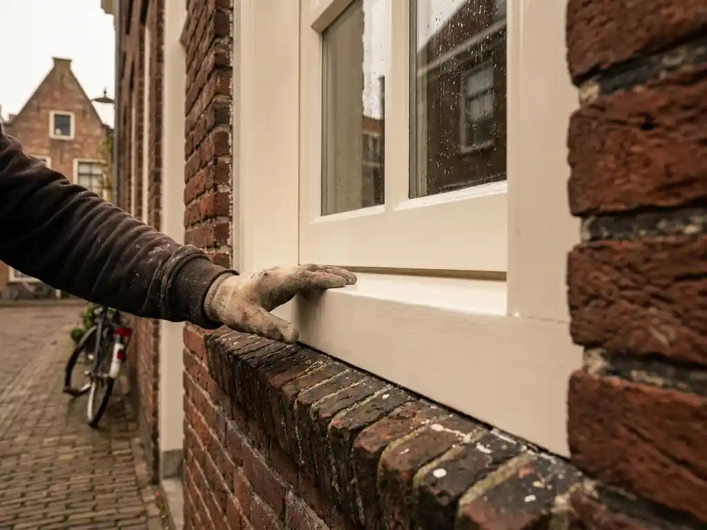Pas geschilderd houten kozijn met crèmewitte afwerking in Nederlandse bakstenen gevel, timmermanhand op de dorpel.
