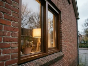 Nieuw houten kozijn in Nederlandse bakstenen gevel met HR++ beglazing, condensatie op buitenruit, warme eikentinten.
