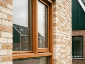Houten kozijn met HR++ dubbel glas in nieuwbouwwoning met Nederlandse bakstenen gevel, meranti houtnerf in detail.