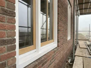 Nieuw houten kozijn met HR++-glas in Nederlandse bakstenen gevel, eikenhouten nerf zichtbaar onder witte primer, bouwsteiger op achtergrond.