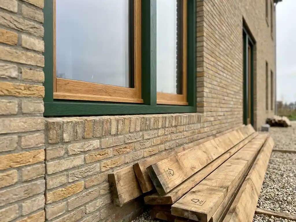 Houten kozijn met zichtbare eikenhoutnerf in nieuwbouw gevel van Nederlandse baksteen, FSC-gecertificeerde planken eronder.