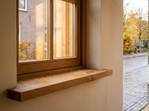 Nieuw geplaatst houten kozijn in Nederlandse bakstenen woning met HR++ beglazing, eiken dorpel met zaagsel en herfstlicht.