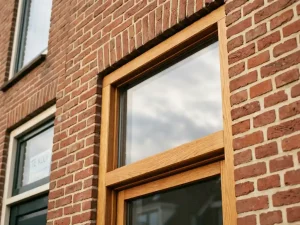 Nieuw geplaatst houten kozijn met HR++-glas in Nederlandse bakstenen gevel, warme eiken houtnerf, rode baksteen met crèmekleurige voegen.