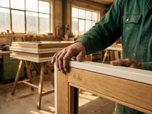 Vakman inspecteert afgewerkte houten kozijnrand met zichtbaar FSC-keurmerk, warm werklicht in traditionele timmerfabriek.