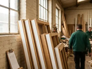 Afgewerkte houten kozijnen met eiken nerf en witte lak, klaar voor levering in een Nederlandse timmerwerkplaats.