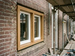 Nieuw houten raamkozijn met drievoudige beglazing in Nederlandse bakstenen gevel tijdens renovatie, warm eikenhout en witte afwerking.