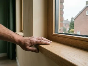Timmermanhand op de vensterbank van een nieuw geplaatst eikenhouten kozijn met HR++-beglazing in een Nederlandse nieuwbouwwoning.