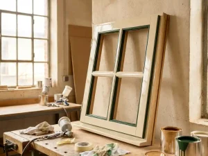 Gelakt houten kozijn in eiken en crèmetinten met donkergroene accenten, leunend tegen workshopmuur in natuurlijk daglicht.