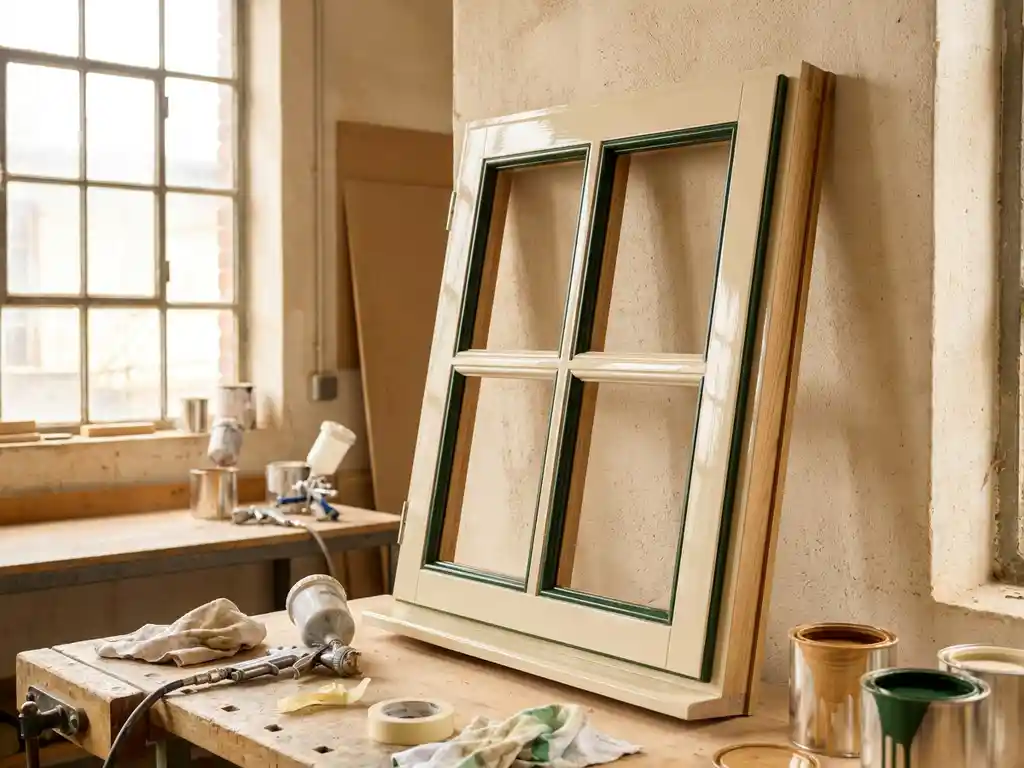 Gelakt houten kozijn in eiken en crèmetinten met donkergroene accenten, leunend tegen workshopmuur in natuurlijk daglicht.