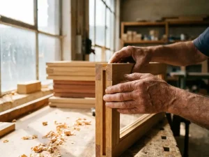 Ervaren vakman inspecteert mortiesverbinding van vers gefreesd houten kozijn van eik en meranti, krulspanen op werkbank.