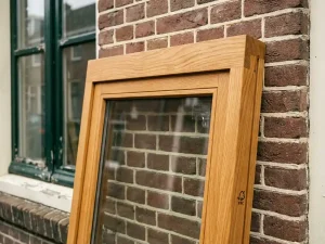 FSC-gecertificeerd houten kozijn met eiken houtnerf tegen verweerde bakstenen Nederlandse gevel, HR++ glas zichtbaar in zacht daglicht.