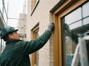 Bouwvakker in groen werkpak inspecteert houten kozijn op nieuwbouw gevel, hand langs voeg tussen hout en metselwerk.