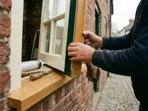 Vakman plaatst houten kozijn in bakstenen muur, met weatherseal en beitels op de vensterbank, natuurlijk daglicht.