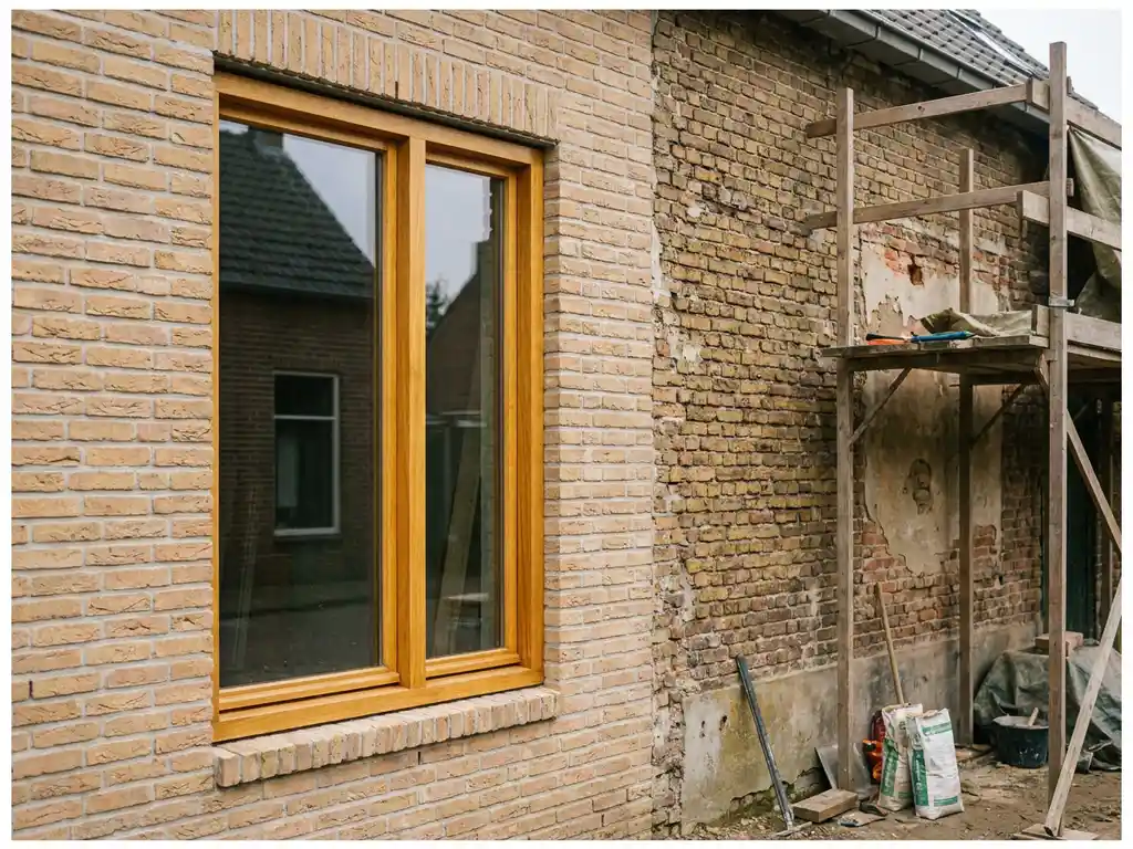 Nieuw houten kozijn in Nederlandse bakstenen gevel naast verweerde muur in renovatie, warme eikentinten en zandkleurig metselwerk.