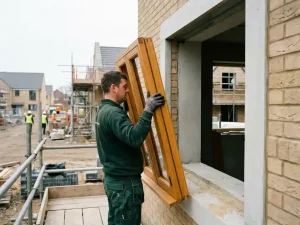 Bouwvakker in donkergroen werkkleding plaatst een eiken houten kozijn in een gemetselde gevelopening op een Nederlandse nieuwbouwlocatie.