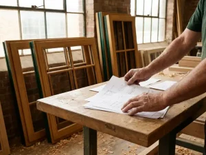 Timmerman spreidt offertes uit op houten werkbank, met afgewerkte houten kozijnen tegen de muur in een ambachtelijke werkplaats.