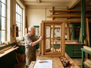 Timmerman vergelijkt op maat gemaakt houten kozijn met standaard fabrieksmodel op werkbank in Nederlandse houtfabriek.