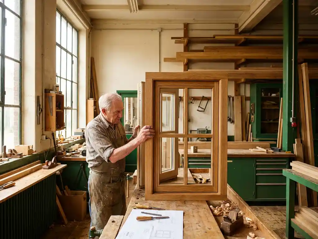 Timmerman vergelijkt op maat gemaakt houten kozijn met standaard fabrieksmodel op werkbank in Nederlandse houtfabriek.