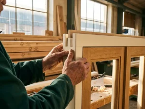 Ervaren timmerman controleert nauwkeurige verbinding van eikenhouten kozijn, FSC-gecertificeerd hout zichtbaar op achtergrond.