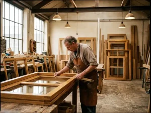 Timmerman meet een houten kozijn in een Nederlandse werkplaats, met stapels afgewerkte renovatiekozijnen op de achtergrond.